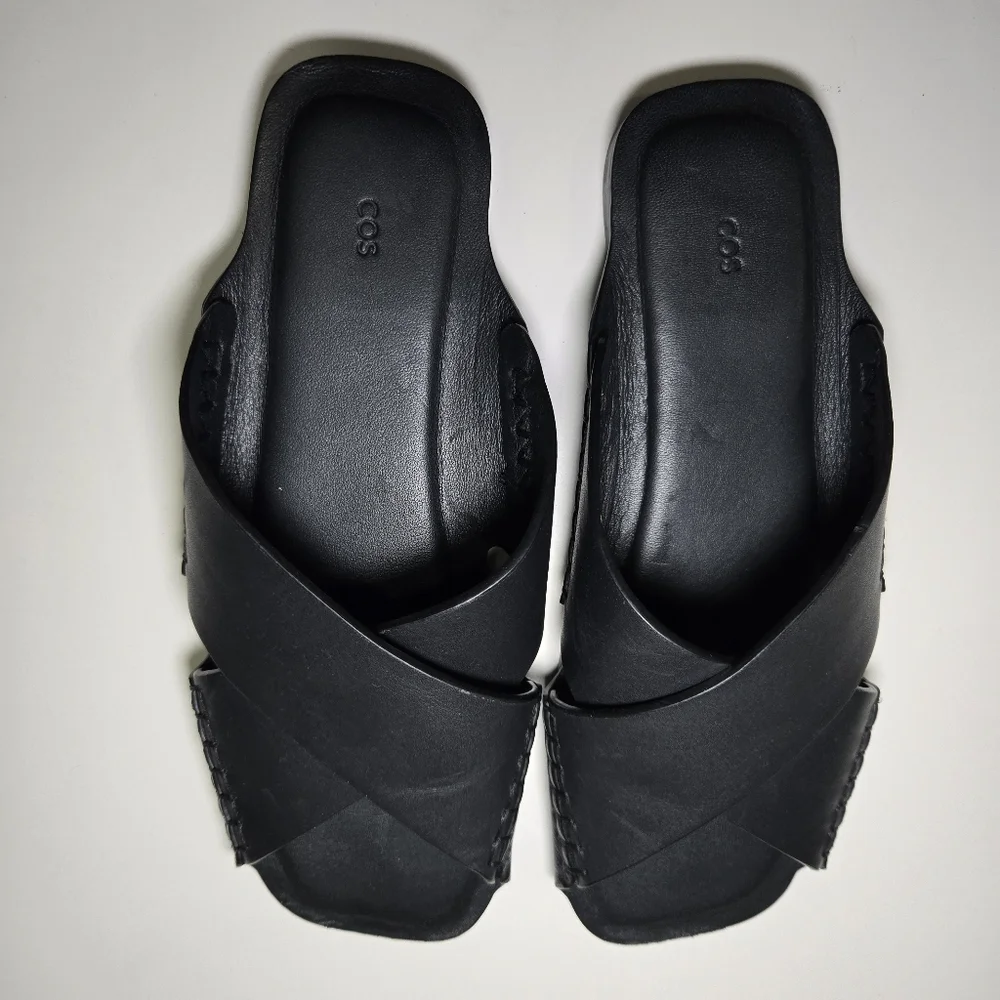 COS Womens Crossover Leather‎ Sandal Size 7.5 Black Slides Minimalist Staple - Picture 4 of 11